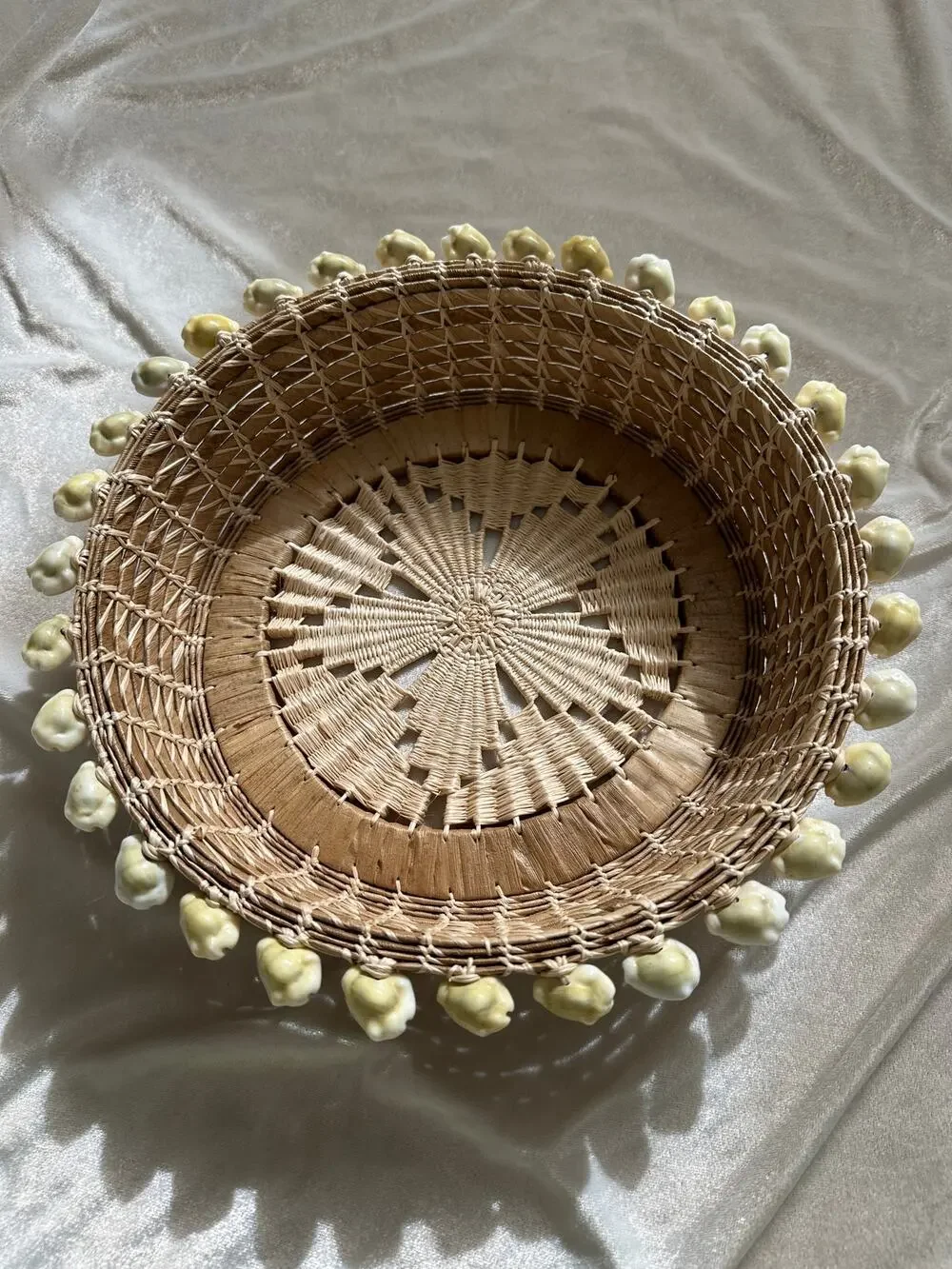 Vintage Hand Woven Seagrass Raffia Bowl Sea Shell Trim & Embroidery Boho Coastal